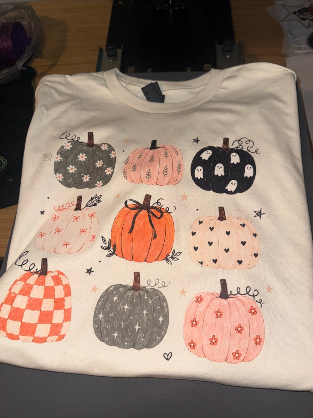 Gildan Cream Pumpkin Tee with Orange, Black, Gray, Pink Accents